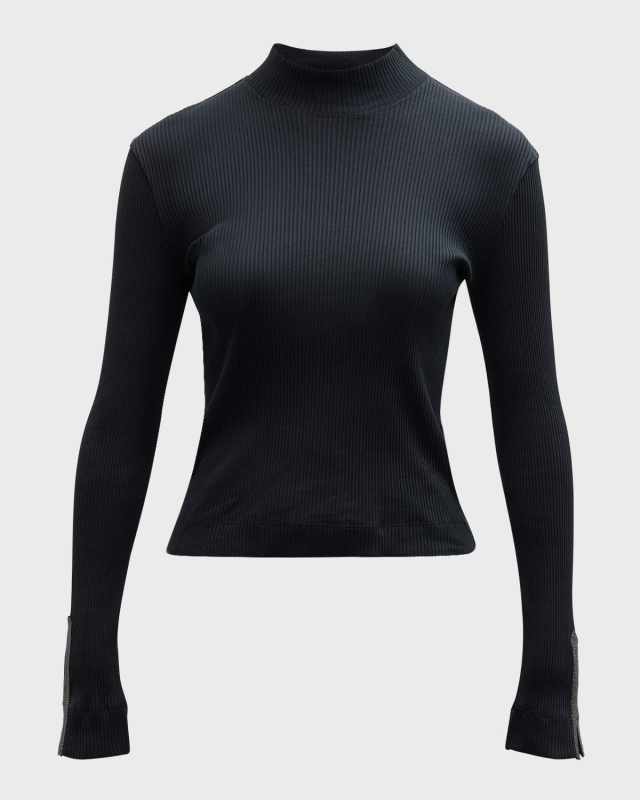 Monili-Cuff Mock-Neck Cotton Rib Knit Top