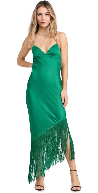 Saylor Haverine Solid Satin + Fringe Midi Dress Emerald