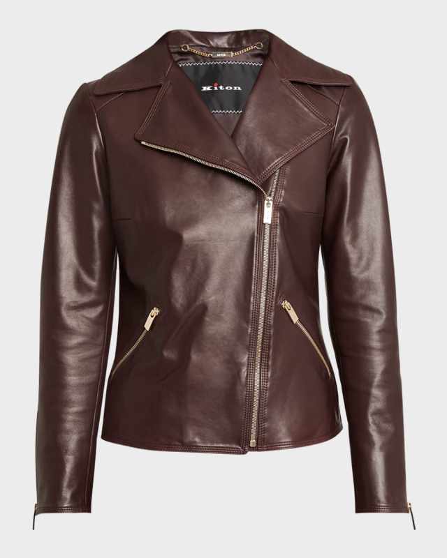 Golden-Hardware Leather Moto Jacket