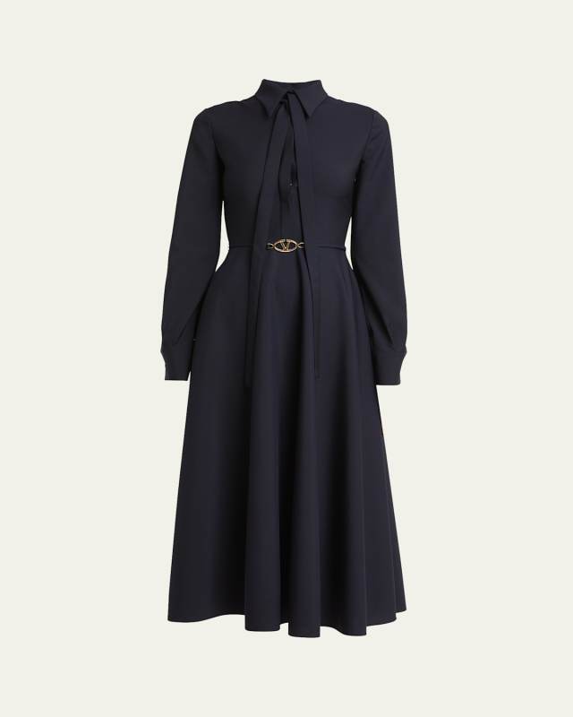 V-Logo Belt Scarf-Neck Long-Sleeve Midi Shirtdress