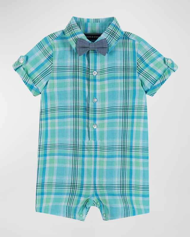 Boy's Plaid-Print Shortall, Size Newborn-24