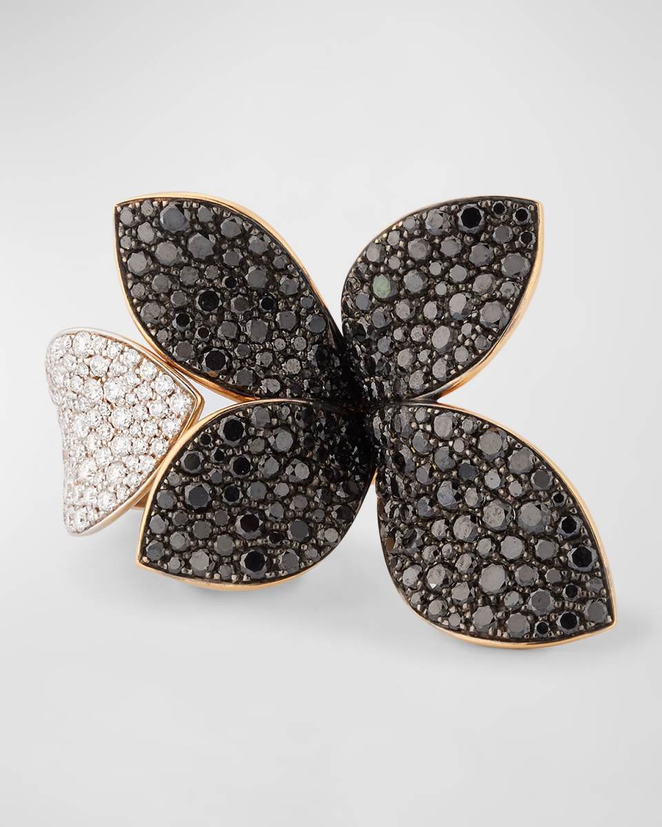 Giardini Segreti 18K Red Gold Flower Ring with White and Black Diamonds