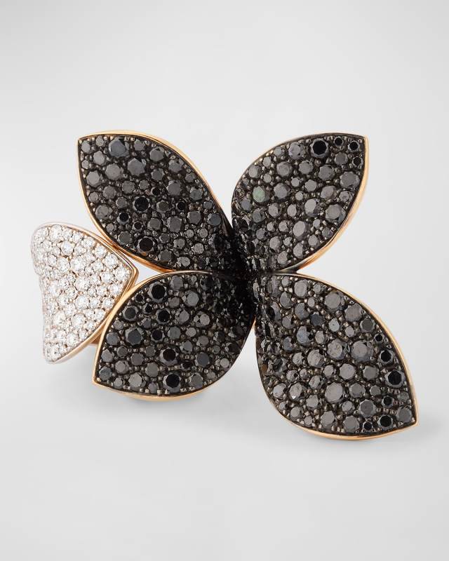 Giardini Segreti 18K Red Gold Flower Ring with White and Black Diamonds