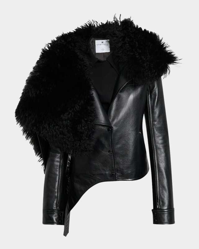 Lamb Shearling Asymmetric Leather Moto Jacket