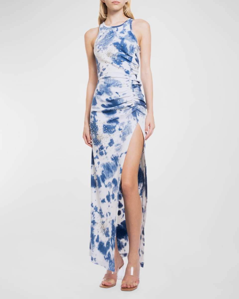 Sleeveless Rhinestone Tie-Dye Maxi Dress