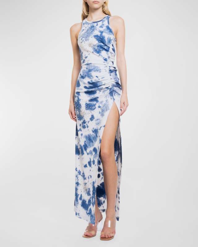 Sleeveless Rhinestone Tie-Dye Maxi Dress