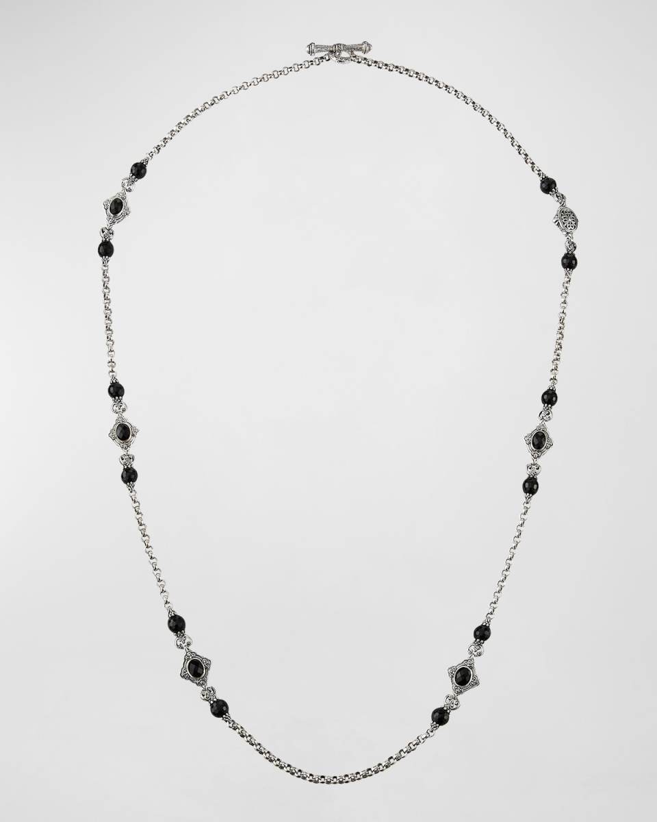 Carved Sterling Silver & Black Onyx Station Necklace, 36"L
