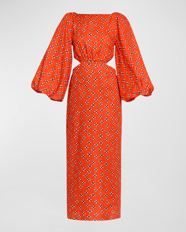 Geometric Composition Printed Open-Back Puff-Sleeve Linen Dress