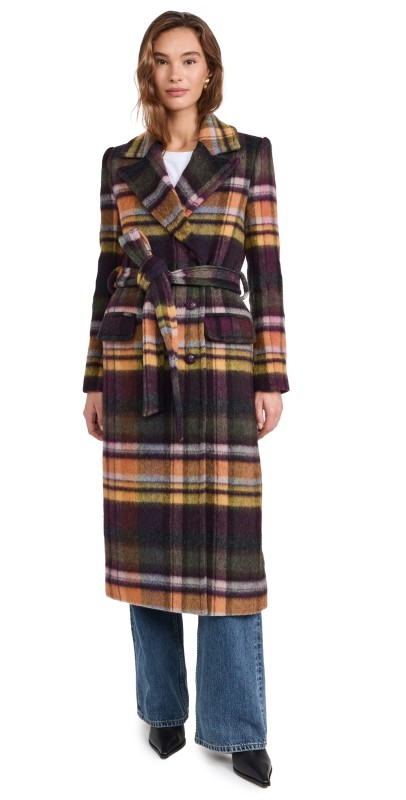L'AGENCE Olina Long Coat with Belt Multi Plaid