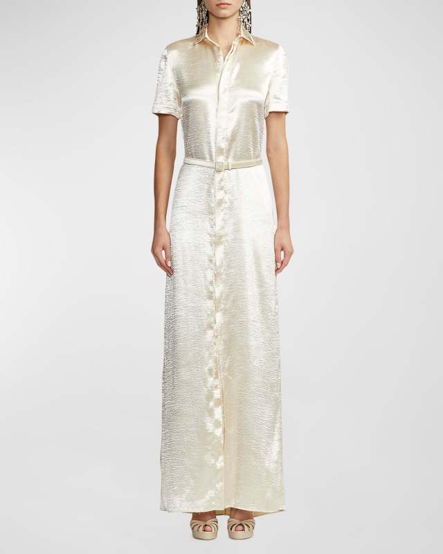 Symon Hammered Satin Shirtdress with Belt