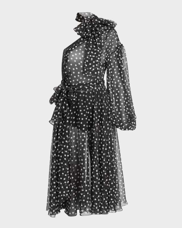 Coriander Peak Polka-Dot Chiffon One-Shoulder Bow Midi Dress