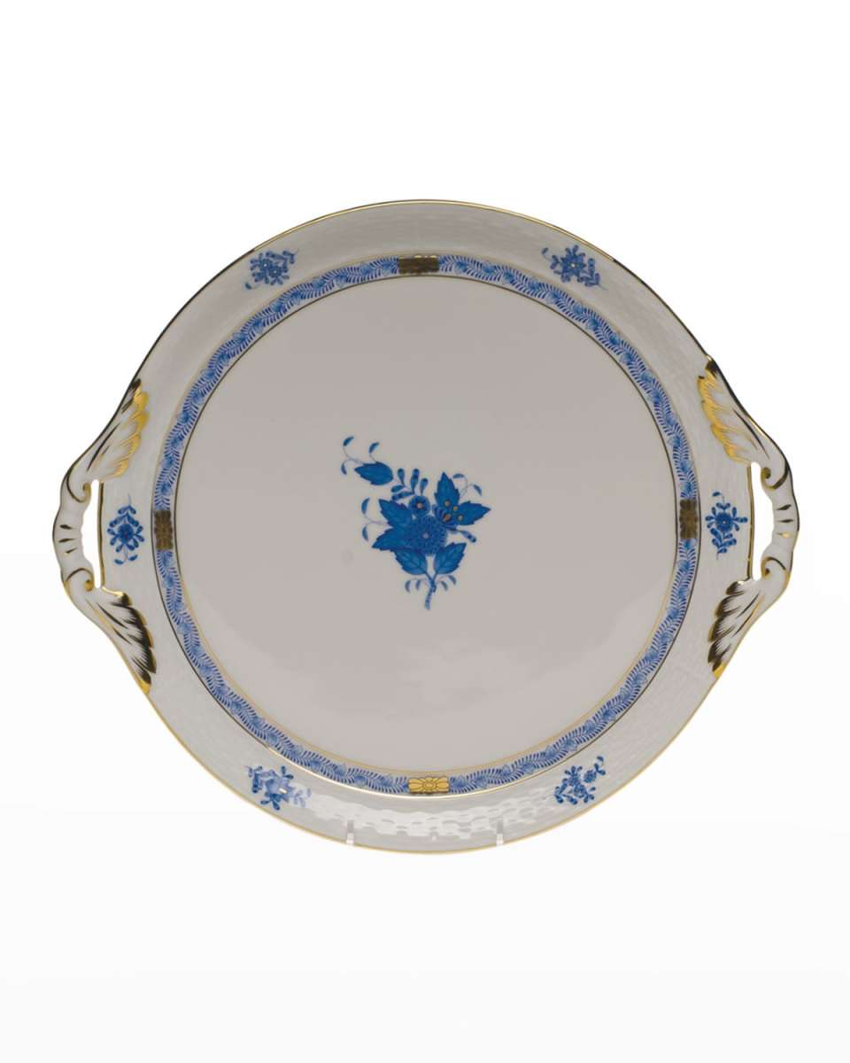 Chinese Bouquet Blue Round Tray with Handles