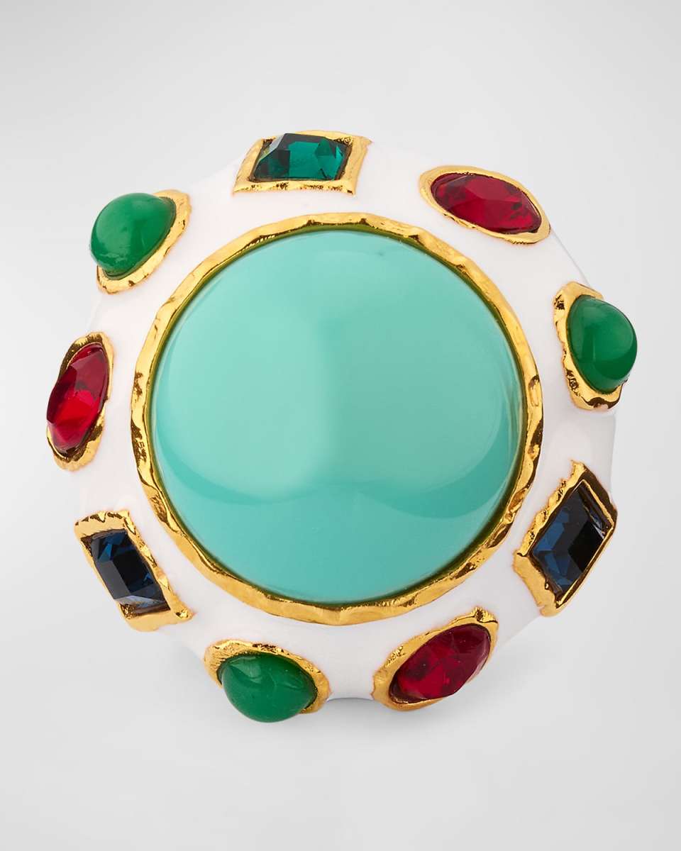 White Enamel, Multi Dark Gem and Turquoise Center Button Ring
