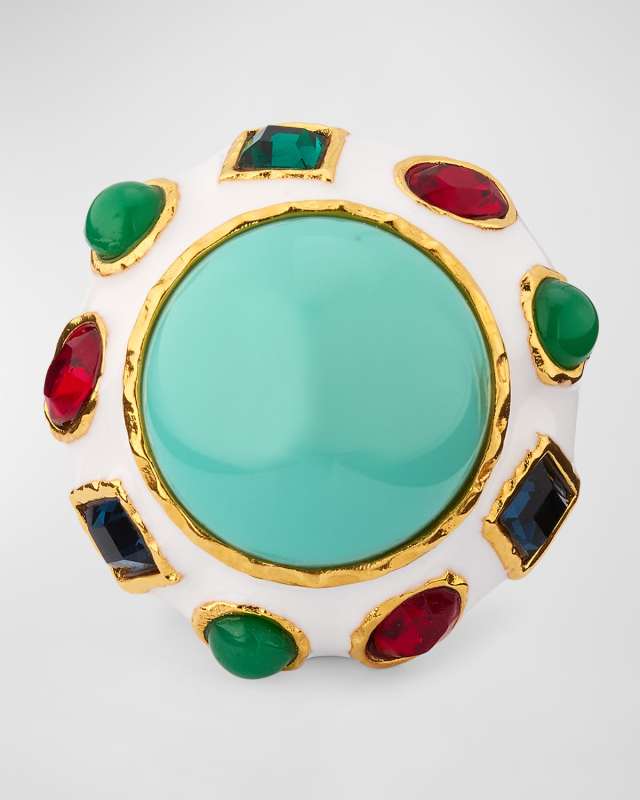 White Enamel, Multi Dark Gem and Turquoise Center Button Ring