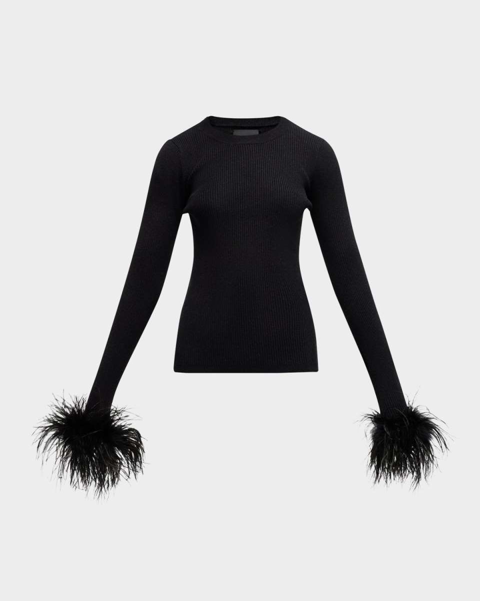 Extra Crewneck Sweater with Ostrich Feather Cuffs