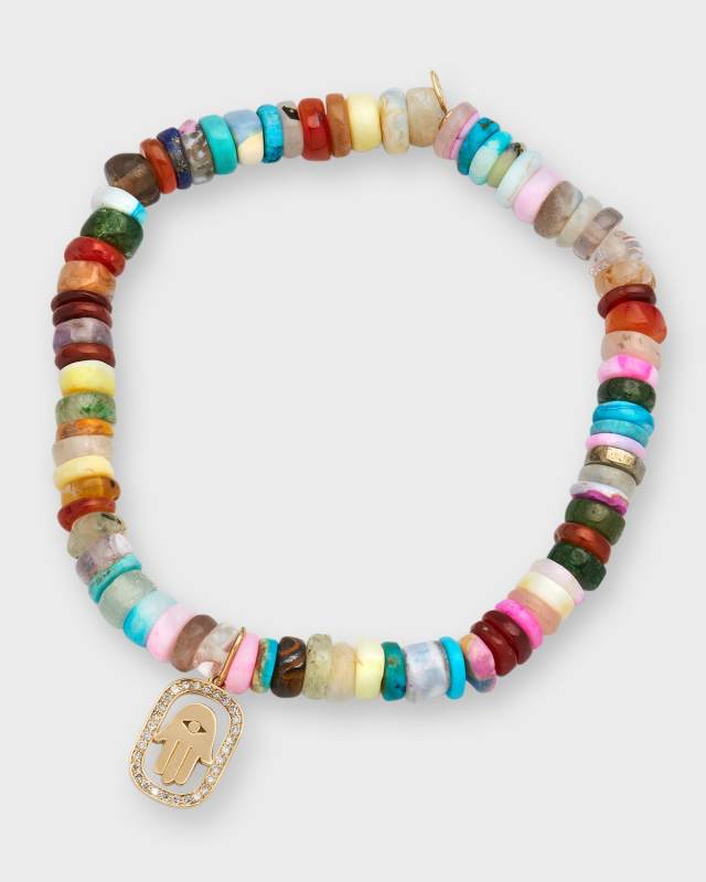 14k Gold Rainbow Beaded Bracelet with Diamond Hamsa Charm