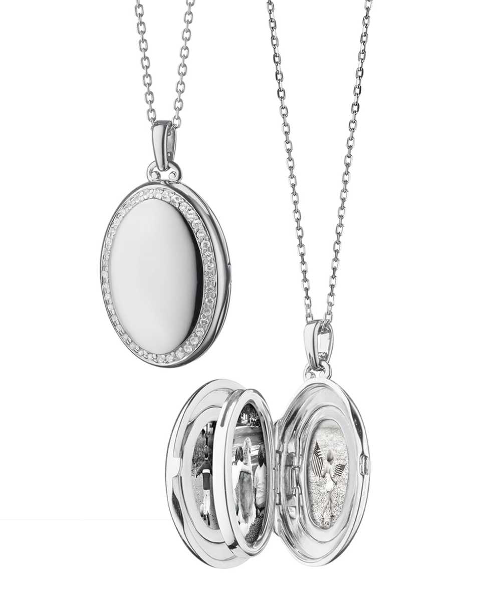 Sterling Silver Midi 4-Image Locket Necklace with White Sapphires, 32"