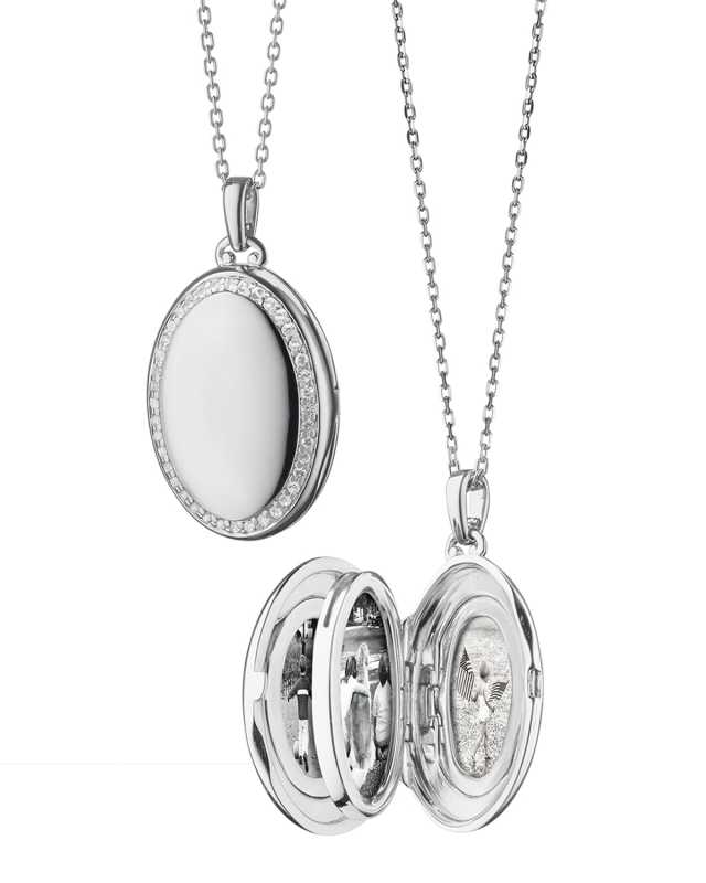 Sterling Silver Midi 4-Image Locket Necklace with White Sapphires, 32"