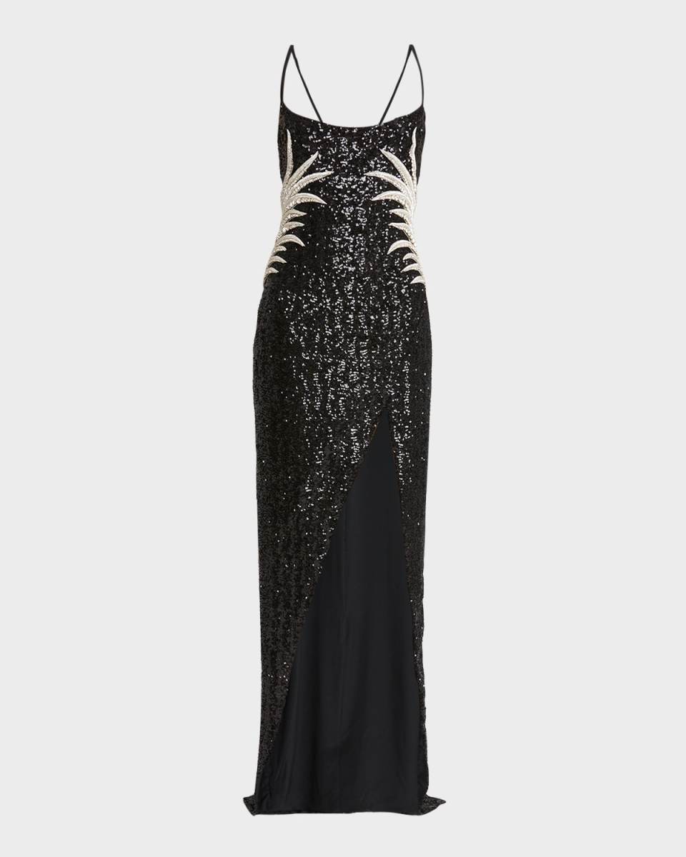 Sequin Embroidered Palm Tree Gown with Slit
