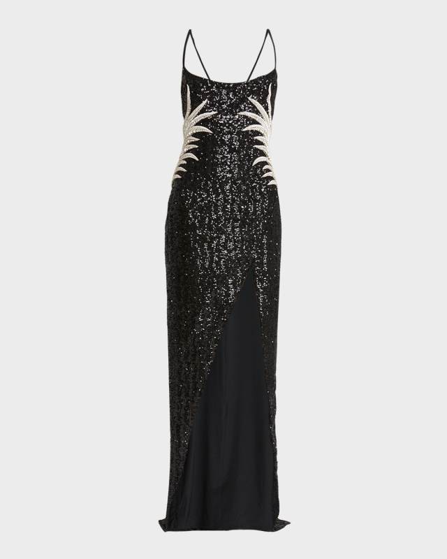 Sequin Embroidered Palm Tree Gown with Slit