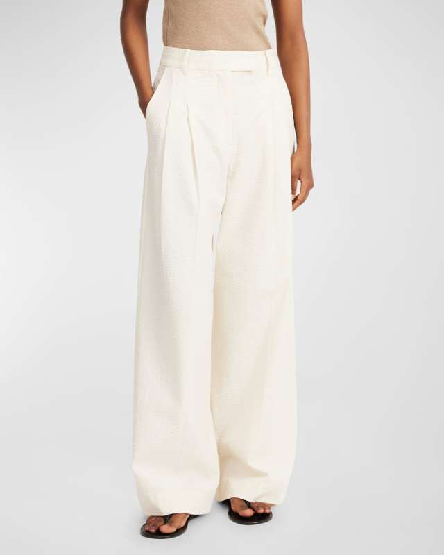 Cymbaria Pleated Wide-Leg Seersucker Pants
