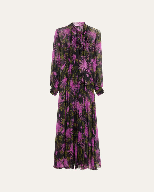Chrysanthemum Printed Scarf-Neck Pleated Chiffon Maxi Dress