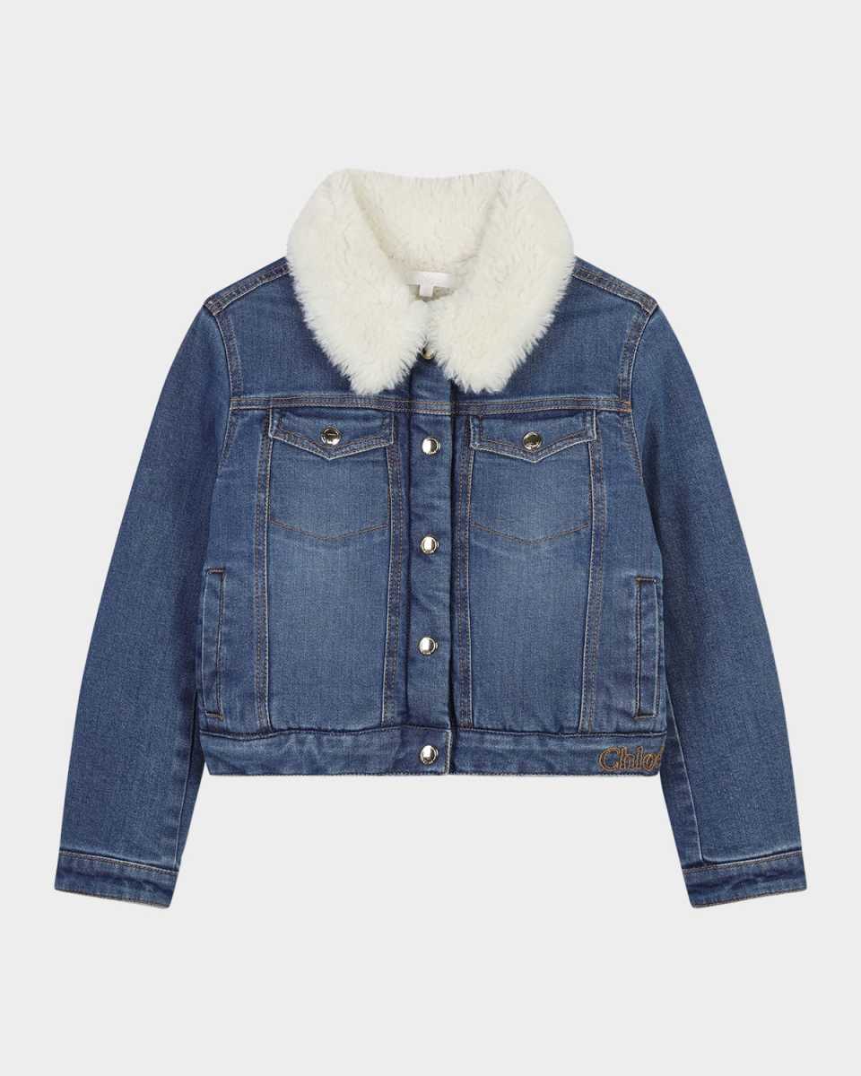 Girl's Faux Shearling Collared Denim Jacket, Size 4-6