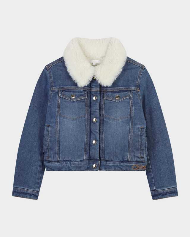 Girl's Faux Shearling Collared Denim Jacket, Size 4-6