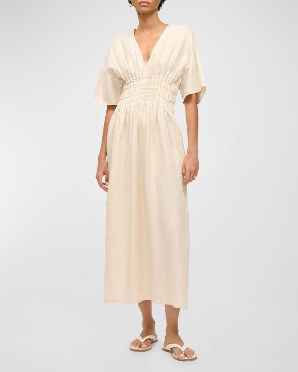 Lauretta Pintuck-Waist V-Neck Linen Midi Dress