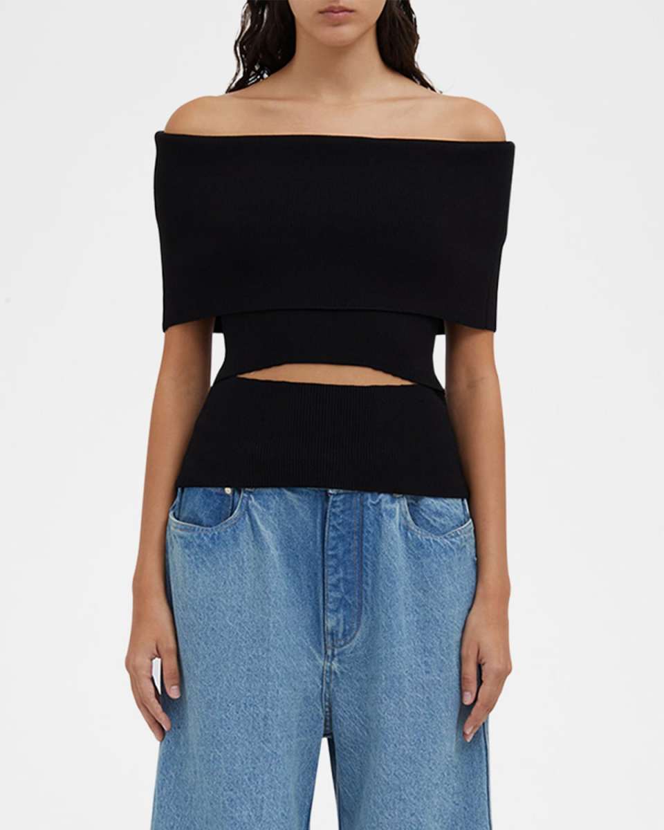 Off-Shoulder Slashed Knit Shawl Top
