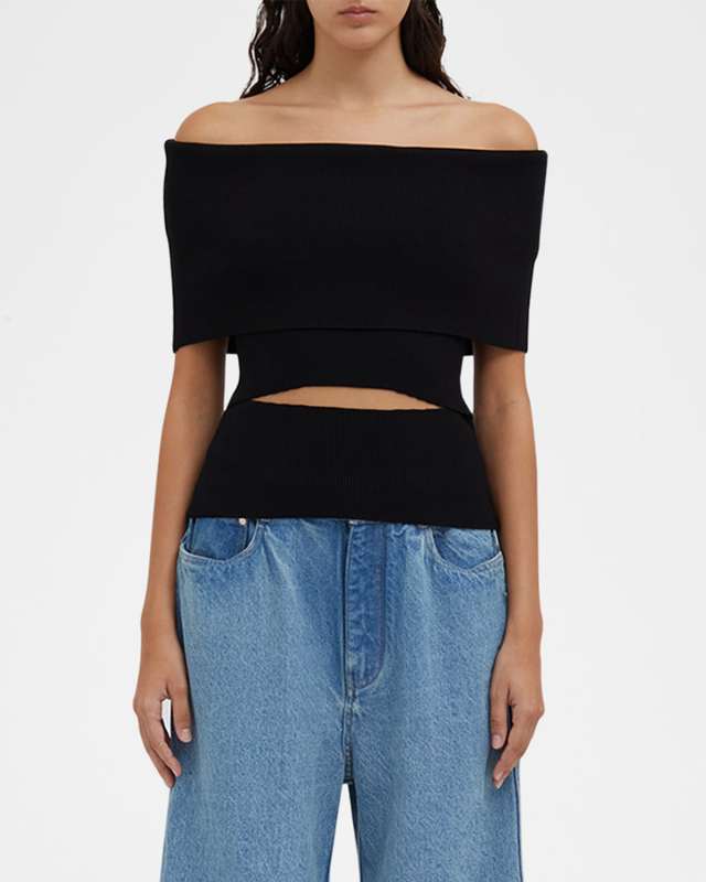 Off-Shoulder Slashed Knit Shawl Top