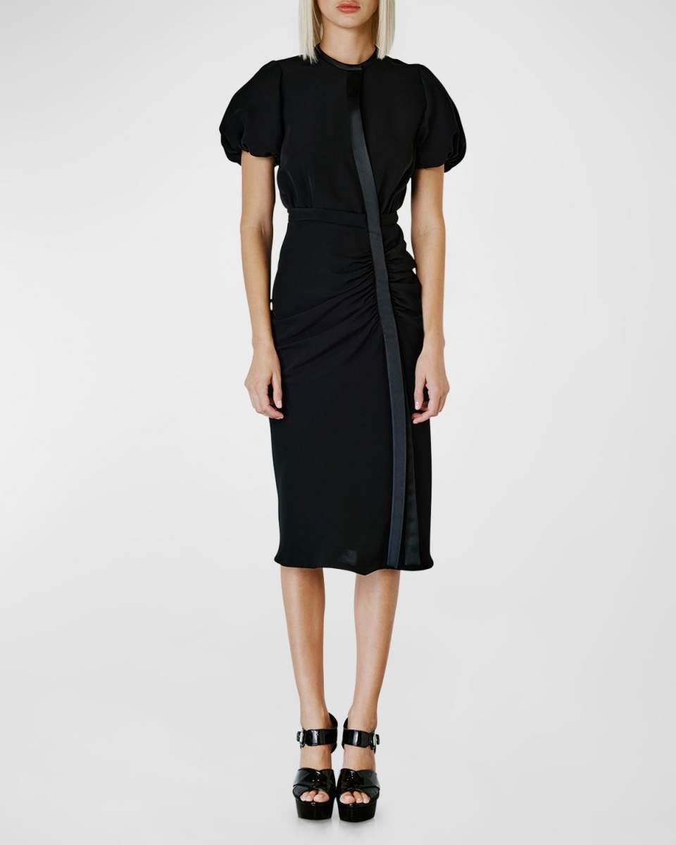 Ribbon-Trim Puff-Sleeve Dress