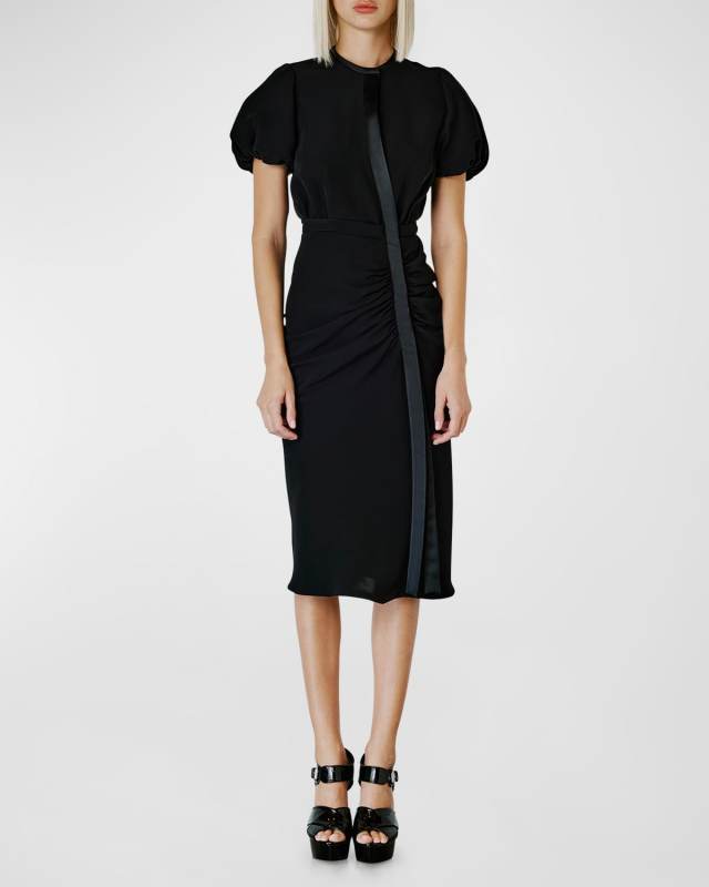 Ribbon-Trim Puff-Sleeve Dress