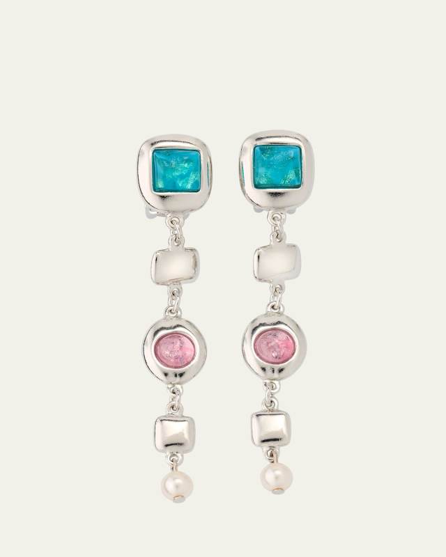 Meredith Silver Nugget Clip-On Drop Earrings with Stones and Pearls