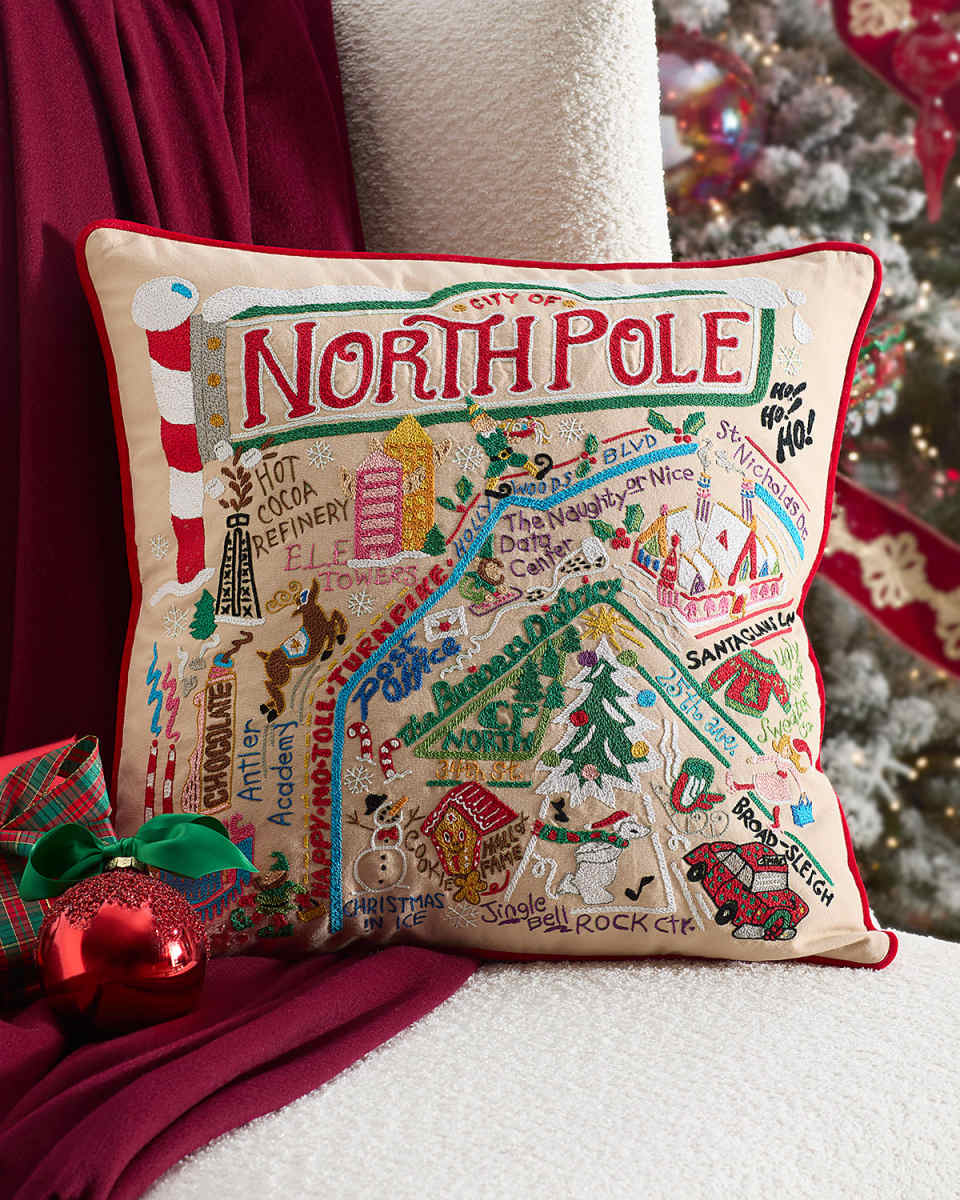 North Pole City Hand-Embroidered Pillow, 20" Square