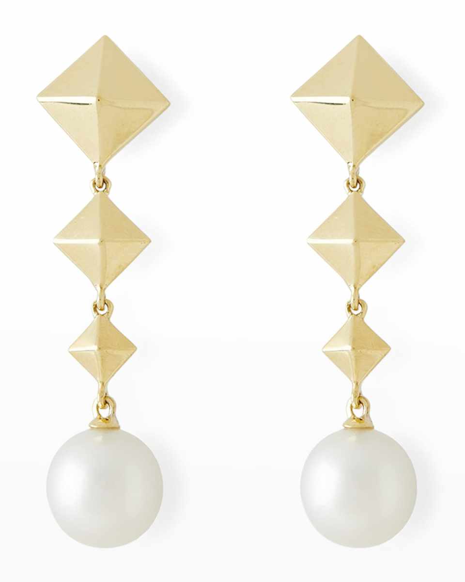 18K Yellow Gold 11mm South Sea Pearl and Graduate Cube Drop Earrings