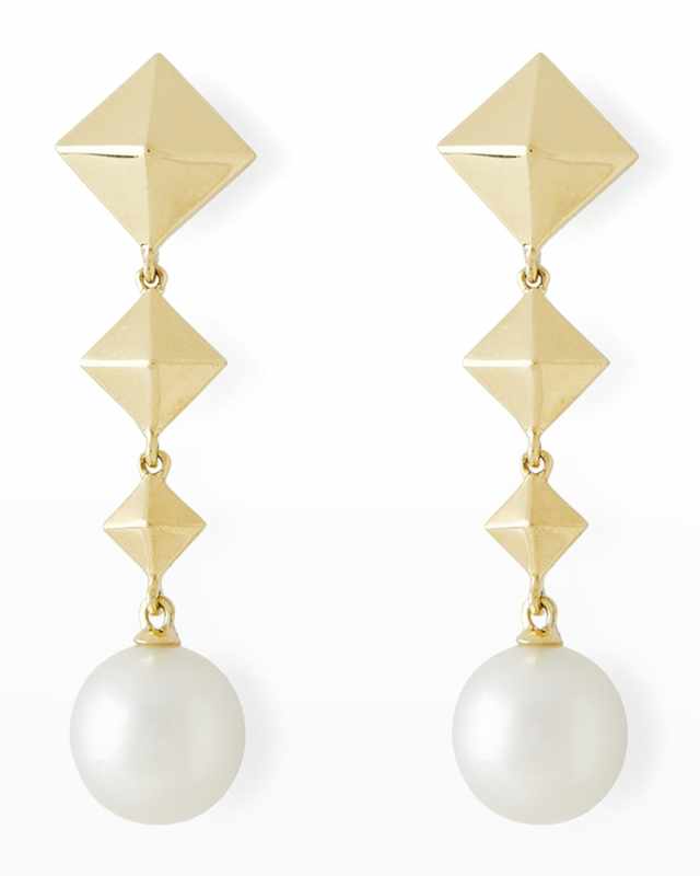 18K Yellow Gold 11mm South Sea Pearl and Graduate Cube Drop Earrings