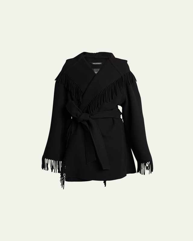 Hooded Fringe Oversized Self-Tie Wool Jacket