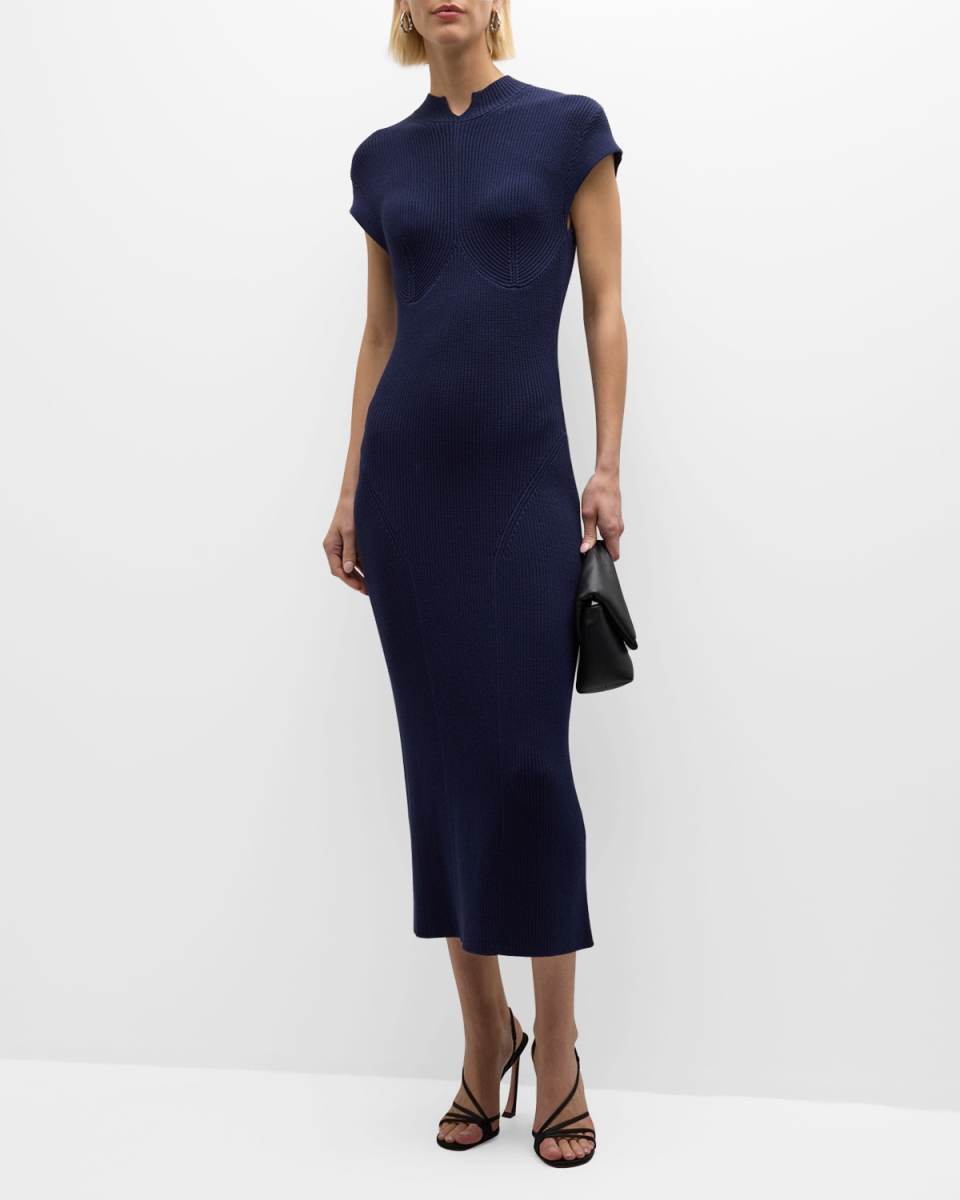 Ribbed Cap-Sleeve Mock-Neck Midi Dress