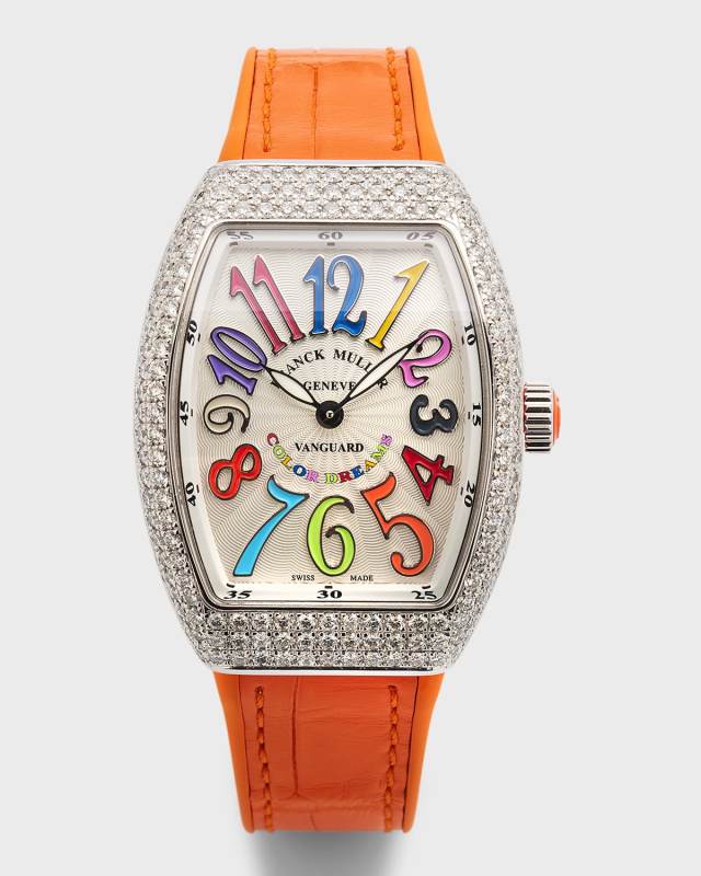 32mm Stainless Steel Vanguard Color Dreams Diamond Watch with Orange Alligator Strap