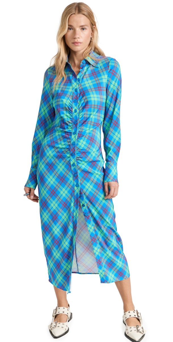 KITRI Lennox Blue Check Ruched Shirt Dress Blue Check