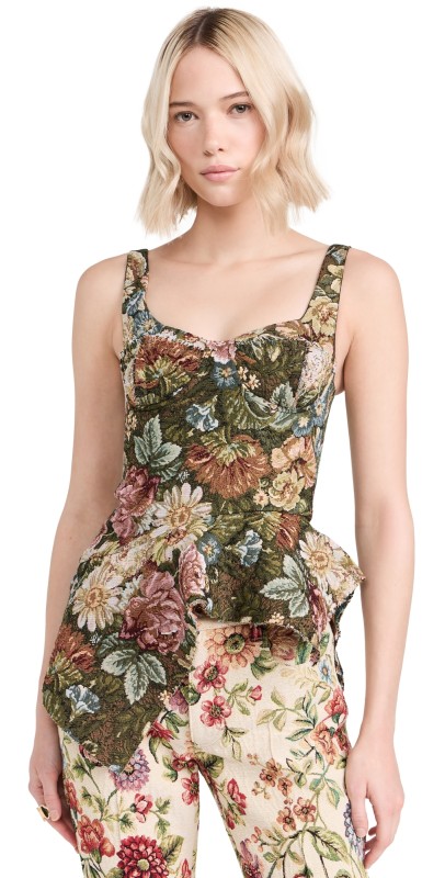 Marques Almeida Brocade Peplum Corset Top Green Flower Brocade