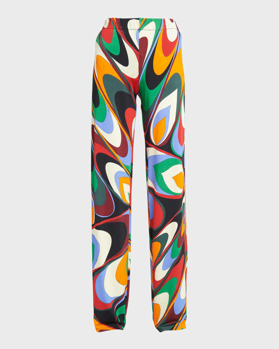 Mid-Rise Wavy-Print Straight-Leg Pull-On Pants