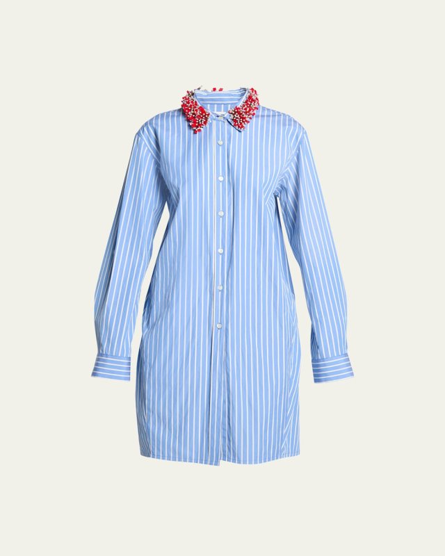 Calbero Embroidered Collar Pinstripe Tunic Shirt