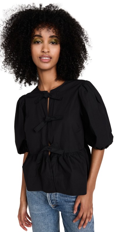GANNI Cotton Poplin Peplum Blouse Black