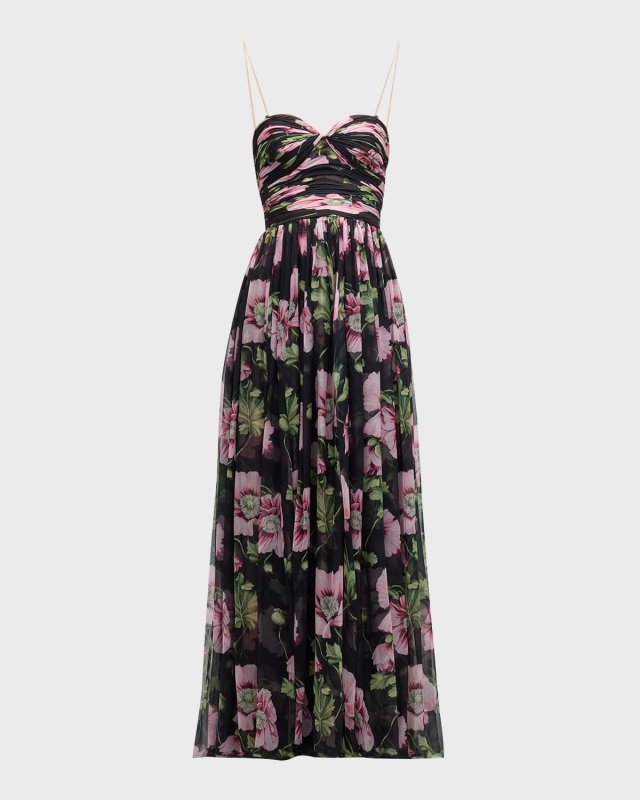 Strapless Poppies Print Chiffon Gown