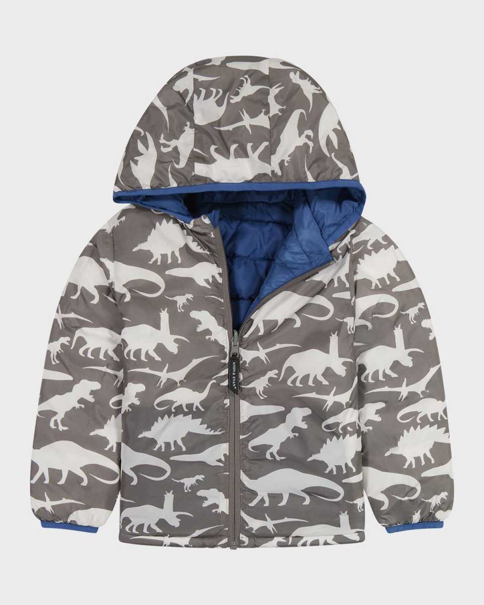 Boy's Dino-Print Reversible Puffer Jacket, Size Newborn-24