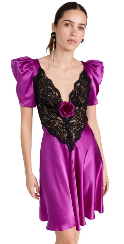 Rodarte Black Lace Short Sleeve Mini Dress Purple