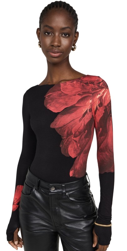 alice + olivia Masako Open Back Thong Bodysuit Peony Petals Bright Ruby
