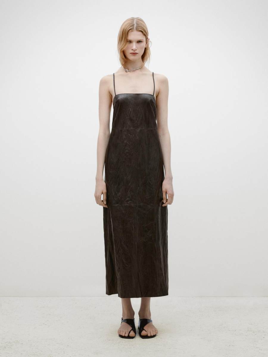 Massimo Dutti CRACKLED NAPPA LEATHER MIDI DRESS